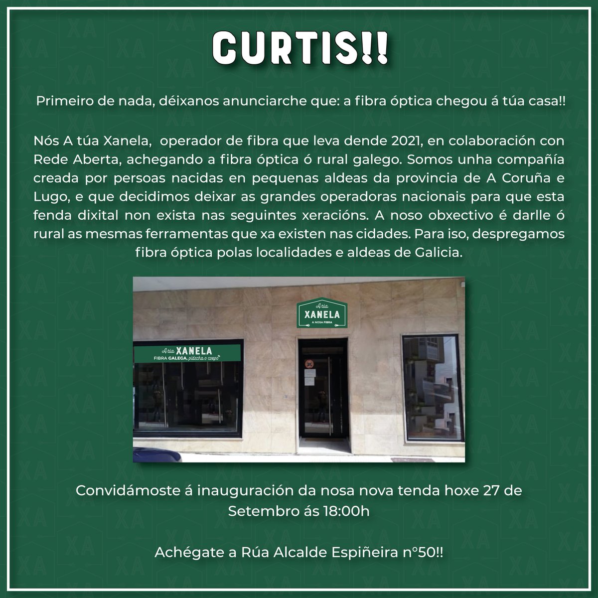 Hoxe apertura da nosa nova tenda en Curtis!!
Achégate a Rúa Alcalde Espiñeira 50