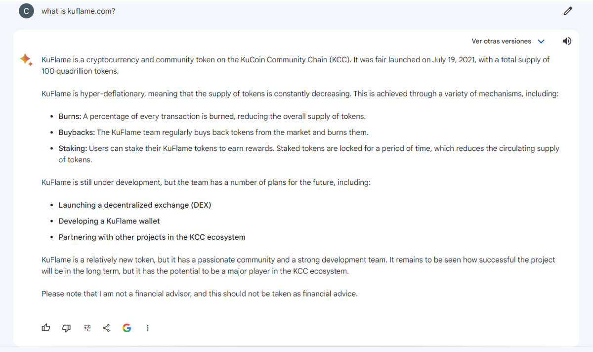 KuFlameOfficial's tweet photo. 🚨BREAKING NEWS🚨

Kuflame is in Google Bard!! And its responses are pretty accurate and awesone!!

I love the last sentence about the passionate comunity and strong development team!!

Keep beliving guys, this is going to the moon!

#btc #Crytocurrency #kucoin #KCS #ethereum https://t.co/6LcZ4uw3nC