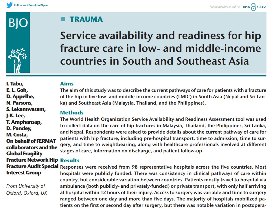 HIPCARE_study (@hipcare_study) on Twitter photo New study mapping care pathways for patients with #hipfracture in LMICs in South Asia. Insights on pre-hospital transport, time to admission, time to surgery, time to weightbearing, multidisciplinary care, and patient discharge + follow-up
<a href="/BoneJointOpen/">Bone & Joint Open</a>
boneandjoint.org.uk/article/10.130… New study mapping care pathways for patients with #hipfracture in LMICs in South Asia. Insights on pre-hospital transport, time to admission, time to surgery, time to weightbearing, multidisciplinary care, and patient discharge + follow-up
<a href="/BoneJointOpen/">Bone & Joint Open</a>
boneandjoint.org.uk/article/10.130…