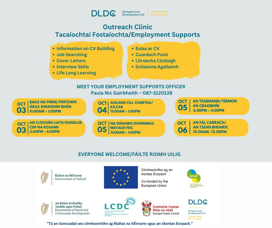 🌟 Unlock Your Career Potential! Join us for an Employment Support Clinic 🌟
👥 Meet Your Employment Support Officer, Paula Nic Gairbheith, at our Outreach Clinic. Don't hesitate to contact Paula at 087-3120139 for info 
#EmploymentSupport #CareerDevelopment #JobSearch