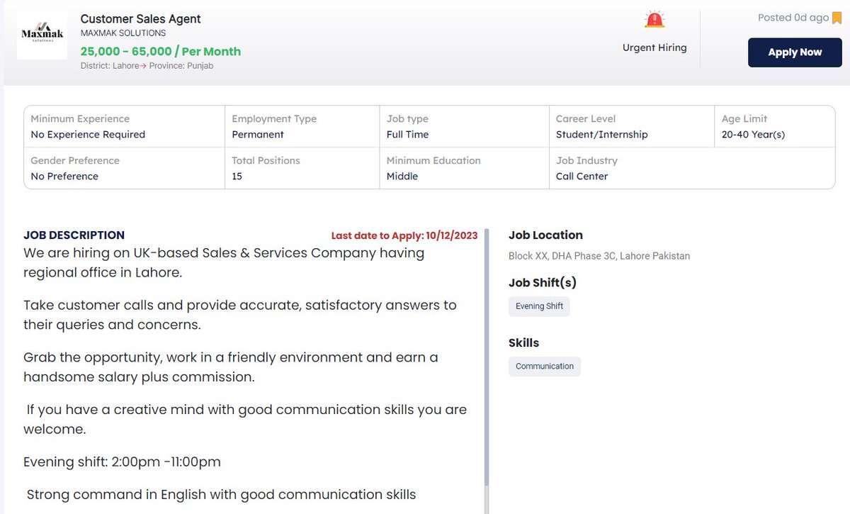 PunjabjobCenter's tweet image. Maxamak Solutions  is looking for Customer Sales Agent
Salary : 25,000-65,000
Location : Lahore
To Apply on available jobs please registered at our official website jobcenter.punjab.gov.pk/worker/create
#latestjobopenings #updateyourprofile
#updateyourprofile #jobopenings #jobseekers