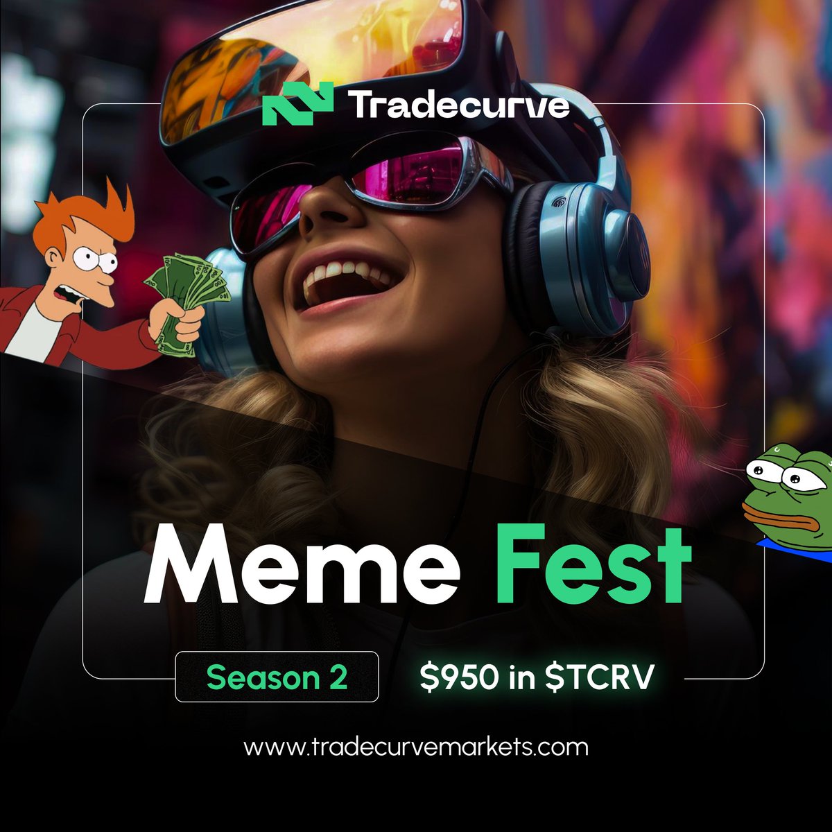 Tradecurveapp's tweet photo. 🟢Announcing #TradeCurveMemeFest Season 2!🟢

It's time to once again showcase your meme mastery! With bigger stakes and even more excitement. 

🏆 Prizes:
🥇 1st Prize: $500 in $TCRV tokens 
🥈 2nd Prize: $300 in $TCRV tokens 
🥉 3rd Prize: $150 in $TCRV tokens

#TradeCurve https://t.co/ZsmiJabxMR