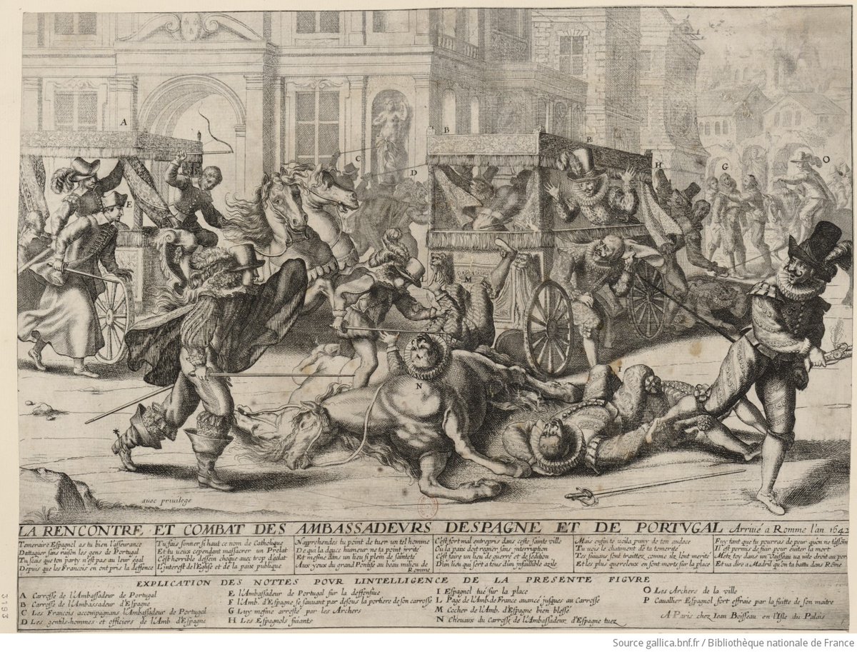 #30 A diplomatic hub, papal Rome was theatre of the world. Drama ensued. In the mid-C17th, brawling Frenchmen and Spaniards looted stalls on Piazza Navona for make-shift weapons. On the Corso, the Spanish ambassador mobbed the envoy of newly independent Portugal #CityofEchoes