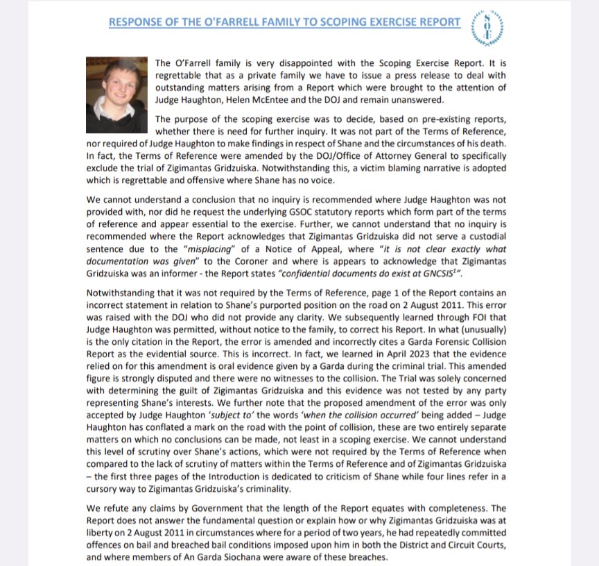 Justiceforsof's tweet photo. 27.09.23 - Press Release from O'Farrell family to Scoping Exercise Report

https://t.co/EeSEBrpaYV

#dail #seanad #shaneofarrell #publicinquiry
#crosspartysupport https://t.co/r7xyQR0lbY