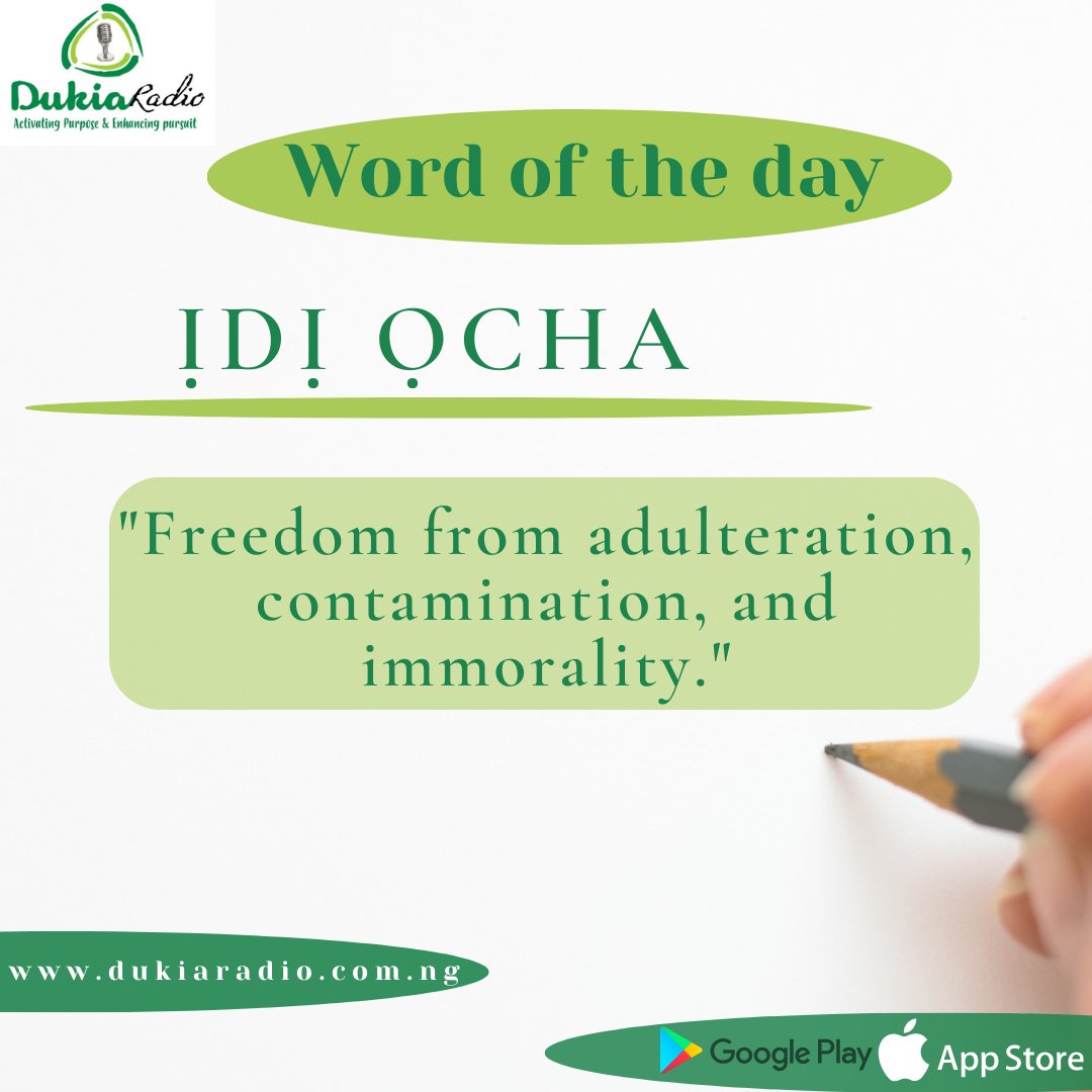DukiaRadio's tweet photo. ịdị ọcha is the Igbo word for purity.
What is the word for purity in your native tongue? Share it with us in the comments 😁❤️ 👇👇👇
https://t.co/IF89yyiCBW
#wordoftheday #igboamaka #mothertongue #firstlanguage #dukiaradio https://t.co/ZYYa3EiXSE