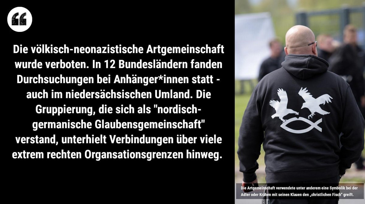 Heute wurde die neonazistische #Artgemeinschaft verboten. In 12 Bundesländern fanden Durchsuchungen bei Anhänger*innen statt - u.a. auch im niedersächsischen Umland #Bremen|s.
Wir bieten Unterstützung im Umgang mit #Rechtsextremismus, #Rassismus, #Antisemitismus im Land #Bremen.
