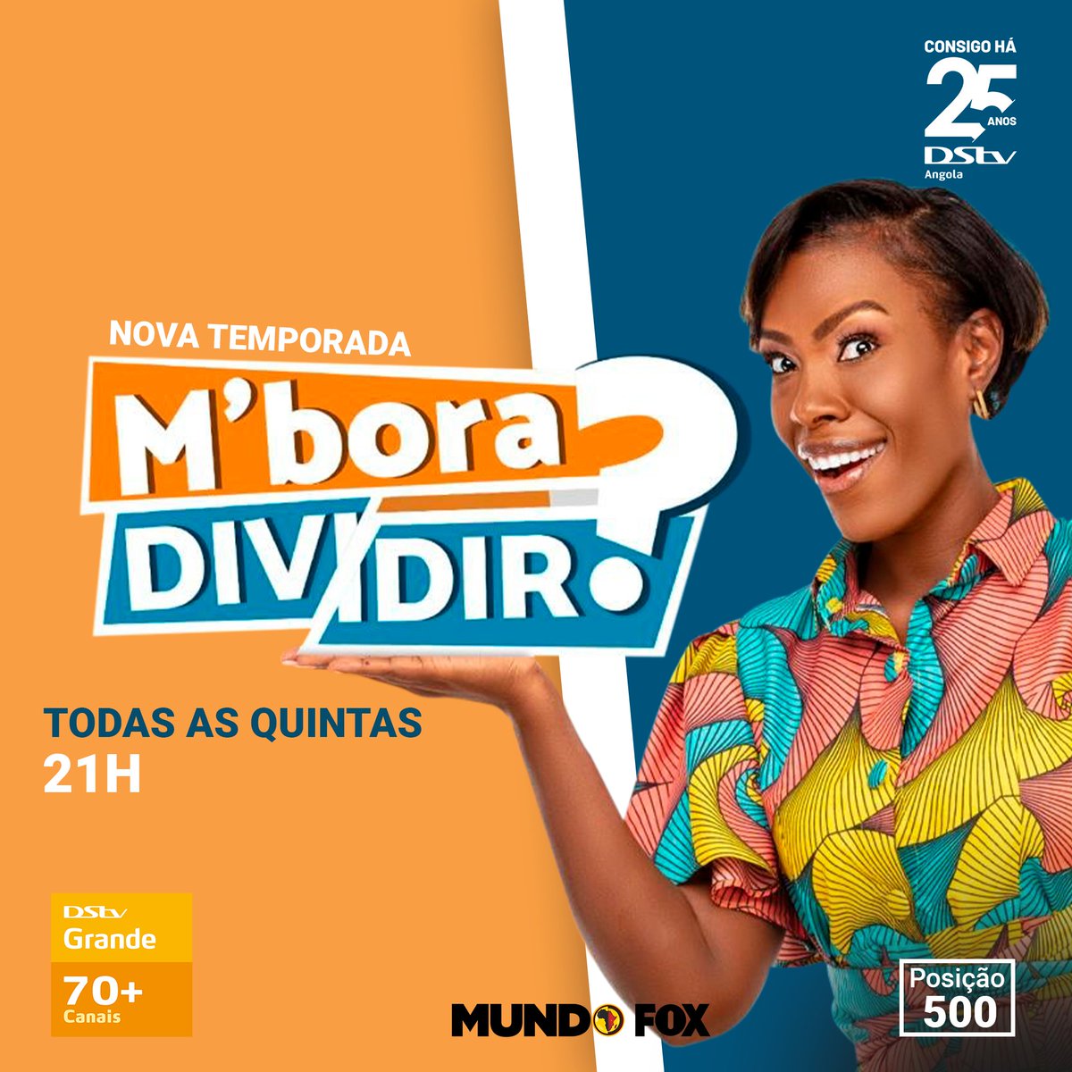 DStv_Angola's tweet photo. 🤔 Quanto sabes sobre Angola e o seu povo? Descobre com o "Mbora Dividir", um programa que desafia as mentes e premeia o conhecimento.💡
Não percas todas as quintas, no Mundo Fox (p.500) a partir do pacote grande.
#DStv #DStvAngola #MundoFox #MboraDividir https://t.co/WpIFsZHBl1