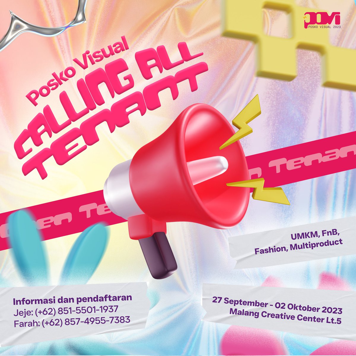 posko_visual's tweet photo. π CALLING ALL TENANT π
#PoskoVisual2023 membuka pendaftaran untuk para UMKM, FnB, Fashion, dan Multiproductβ¨
π: 27 September - 02 Oktober 2023
π: Malang Creative Center lt. 5
βΌοΈLimited SlotβΌοΈ
Informasi dan pendaftaran π
Jeje: +6285155011937
Farah: +6285749557383 https://t.co/VY7dwdGFvP