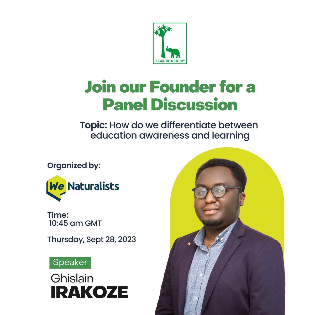 greengallery_rw's tweet photo. @Wastezon1 CEO and Founder of @greengallery_rw , will be joining an enlightening panel discussion at the WeNaturalists People of Nature Awards 2023. 
 This September 28th at 4:15 pm IST | 10:45 am GMT at  https://t.co/IcLEkuNQyB to 

#Wastezon #natureconservation https://t.co/JD6h6xMOEr