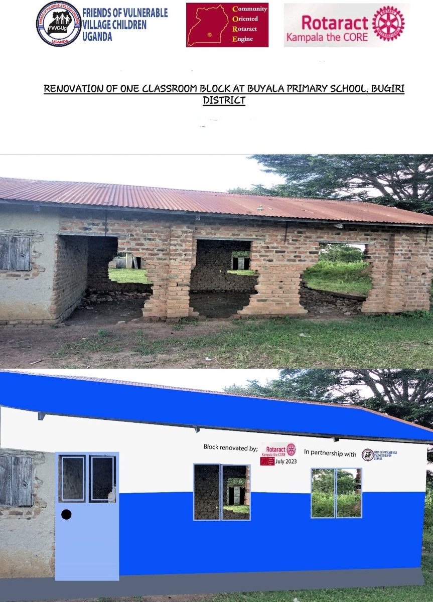 FRIENDS OF VULNERABLE VILLAGE CHILDREN UGANDA (@vulnerablechil) on Twitter photo In the move to attain #SDG4
We have entered into a partnership with the @RctCore to renovate this classroom block at Buyala CoU primary school in Iwemba sub-county, Bugiri district. #CreateHopeInTheWorld
#DonateAPen
Please join us. Let's do this!
<a href="/RotaryKiwatule/">Rotary Club of Kiwatule</a>
<a href="/TororoCement/">Tororo Cement Limited</a> In the move to attain #SDG4
We have entered into a partnership with the @RctCore to renovate this classroom block at Buyala CoU primary school in Iwemba sub-county, Bugiri district. #CreateHopeInTheWorld
#DonateAPen
Please join us. Let's do this!
<a href="/RotaryKiwatule/">Rotary Club of Kiwatule</a>
<a href="/TororoCement/">Tororo Cement Limited</a>