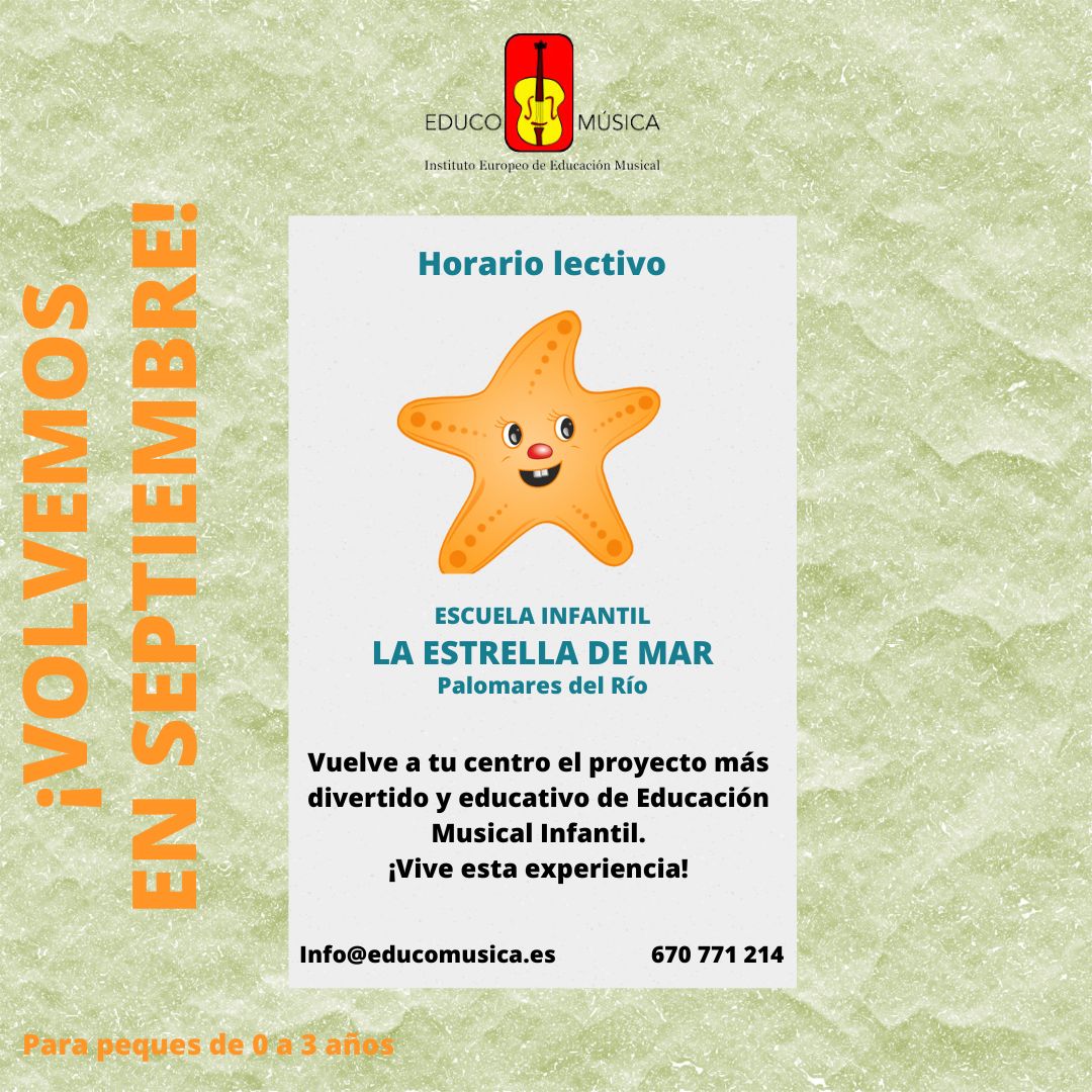 Educo_Musica's tweet photo. 😍 Volvemos a Escuela Infantil Estrella de mar

Nuevos talleres, nuevas experiencias y nuevos profes. Prepárate porque en septiembre, estaremos de vuelta contigo con los mejores talleres de #Pinturacreativa, #Danza, #Musicaymovimiento, #TeatroMusical y mucho más...

Llámanos☎️ https://t.co/MxQwEI5Neu