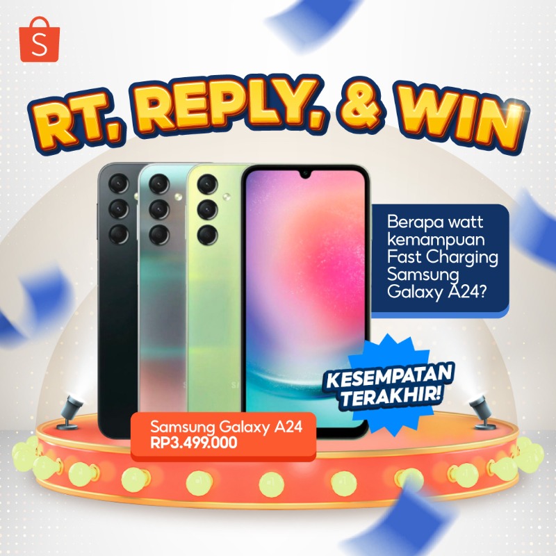ShopeeID's tweet photo. ✨ GIVEAWAY SAMSUNG GALAXY A24✨

Kesempatan terakhir buat dapetin Samsung Galaxy A24 senilai 3,5JT nih!

Caranya:
- FOLLOW @ShopeeID 
- RT &amp; LIKE tweet ini
- REPLY jawaban dari banner di bawah ini 👇

GOOD LUCK! 😆