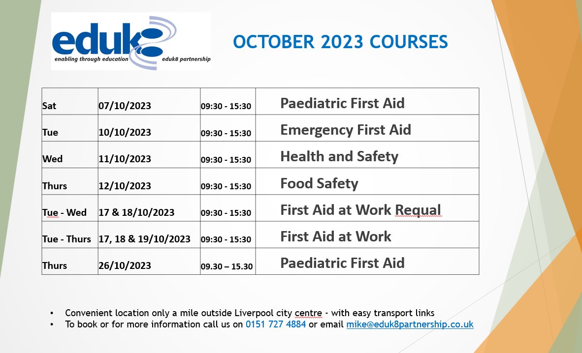 October Courses at eduk8. We also have some FREE Level 1 courses available - call us for more information on 0151 727 4884.