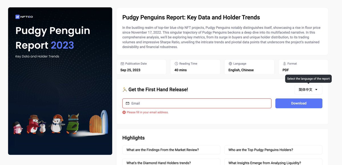 感谢 @nftgoio 发布的Pudgy Penguins数据报告。 这份报告数据非常全面，从持有者数据，Huddle总览，到价格和交易分析。甚至包含了对于企鹅近期动态的介绍，包括企鹅的限量手办和. Pudgy Toys，新服饰品牌Igloo，PudgySwap等等。 同时为方便中文区家人阅读，同步推出了中文版报告，欢迎大家下载阅读。