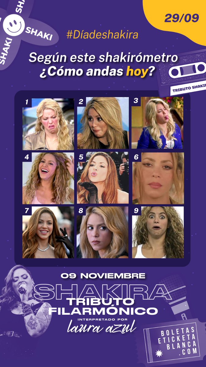 laurazulvoz's tweet photo. #DiaDeShakira cuál Shakira te sale el día de hoy😜Esta es la semana de #shakira✨y para los que aman sus canciones les tenemos TRIBUTO A SHAKIRA FILARMÓNICO en el Teatro de la UdeM🎟️Boletería en https://t.co/wvxgVDj7CZ y en todas las cajas de almacenes Alkomprar. https://t.co/gQB2ZDGFDa