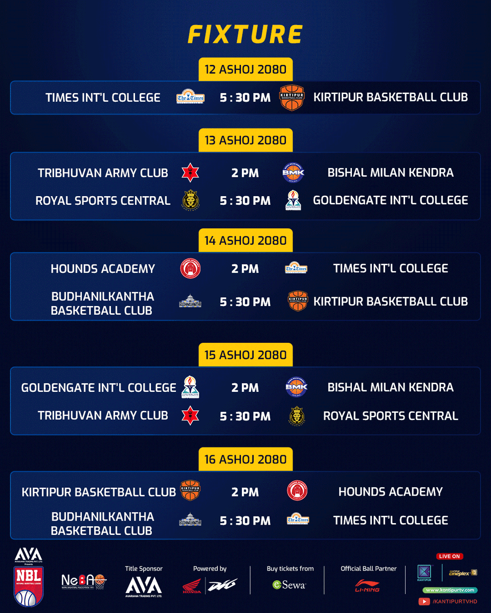 NBL_NEPAL's tweet photo. The League Fixture's Out! 🔥🏀
Buy your tickets from Esewa 👇
https://t.co/rBRrnruD6G
Starting from Asoj 12, 2080 🗓
#NBLNepal #NeBA #NSC #DSEN #KantipurTVHD #Digifly #AvarjanaTrading #Honda #Esewa #LiNing #JoshChhaJeetChha #Basketball #NepaliBasketball #Fixture https://t.co/XMxVjK1Zmw