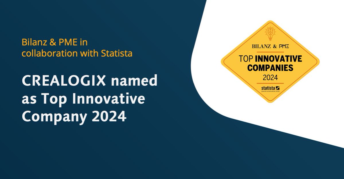 CREALOGIX's tweet photo. CREALOGIX is one of the proud winners of the Top Innovative Companies 2024 Award which is jointly organized by @BILANZ and @PMEmagazine_ and published by @StatistaCharts 🏆 We are delighted about this award and would like to thank PME, Bilanz, and Statista 🙏 https://t.co/QwLbafoDbc