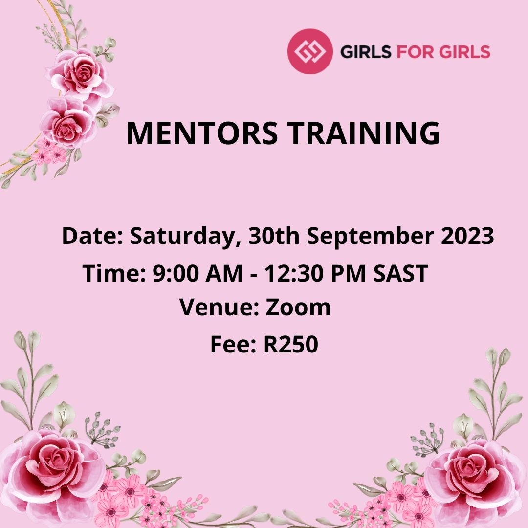 Hello Phenomenal Women, 🌸🌸
Do you want to be a G4G mentor? Join us via Zoom for the Girls 4 Girls Mentors' Training 
Date: Saturday, 30th September 2023
Time: (10:00 am - 1:30 pm, East African Time); (9:00 am - 12:30 noon, SAST).

Sign up now at:
forms.gle/7hDCLfpSxWmSff…