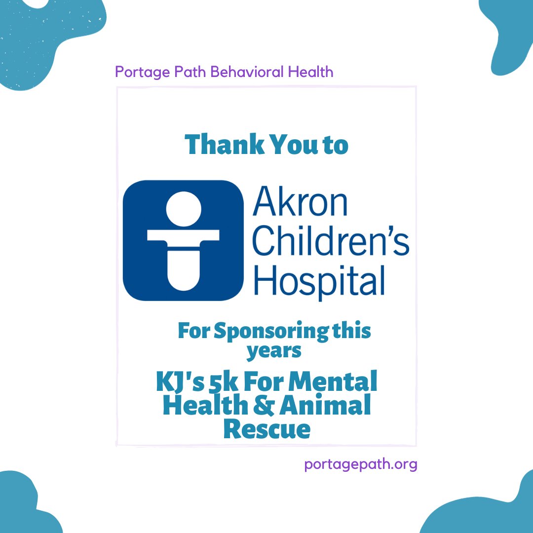 Thank you to @akronchildrens for sponsoring this year's KJ's 5k for Mental Health and Animal Rescue. Their support helps us continue to provide suicide prevention resources to the NE Ohio Community.

Make sure you register today for KJ's 5k. portagepath.org/support-our-mi…