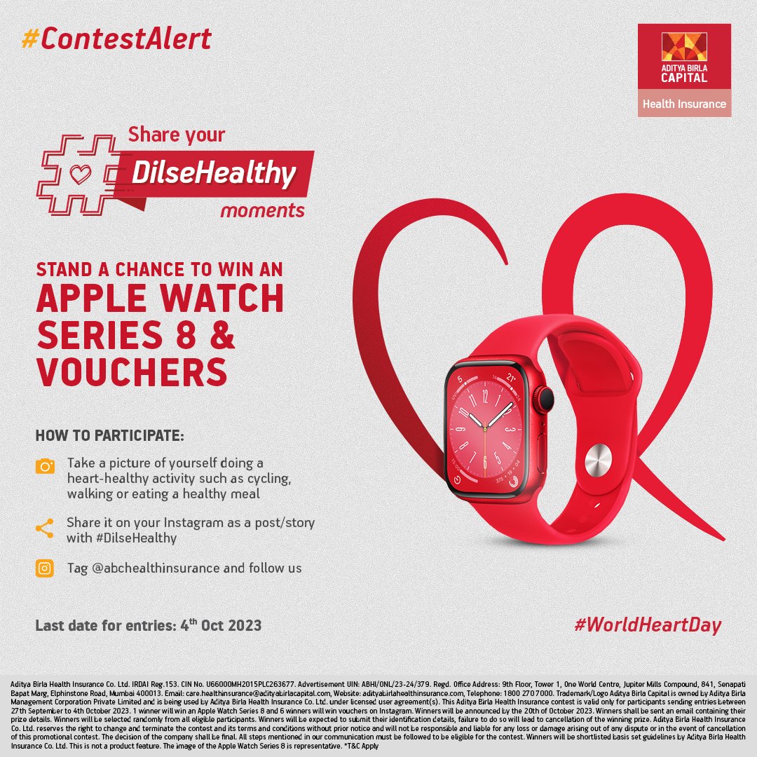 abhealthin's tweet image. Celebrate #WorldHeartDay with us to become #DilseHealthy and win exciting prizes!

Click a photo of you doing a heart-healthy activity &amp;amp; post it on Instagram with #DilseHealthy. Don’t forget to tag and follow us on Instagram!❤️

#ContestAlert #ABHIkaro #AdityaBirlaHealthInsurance