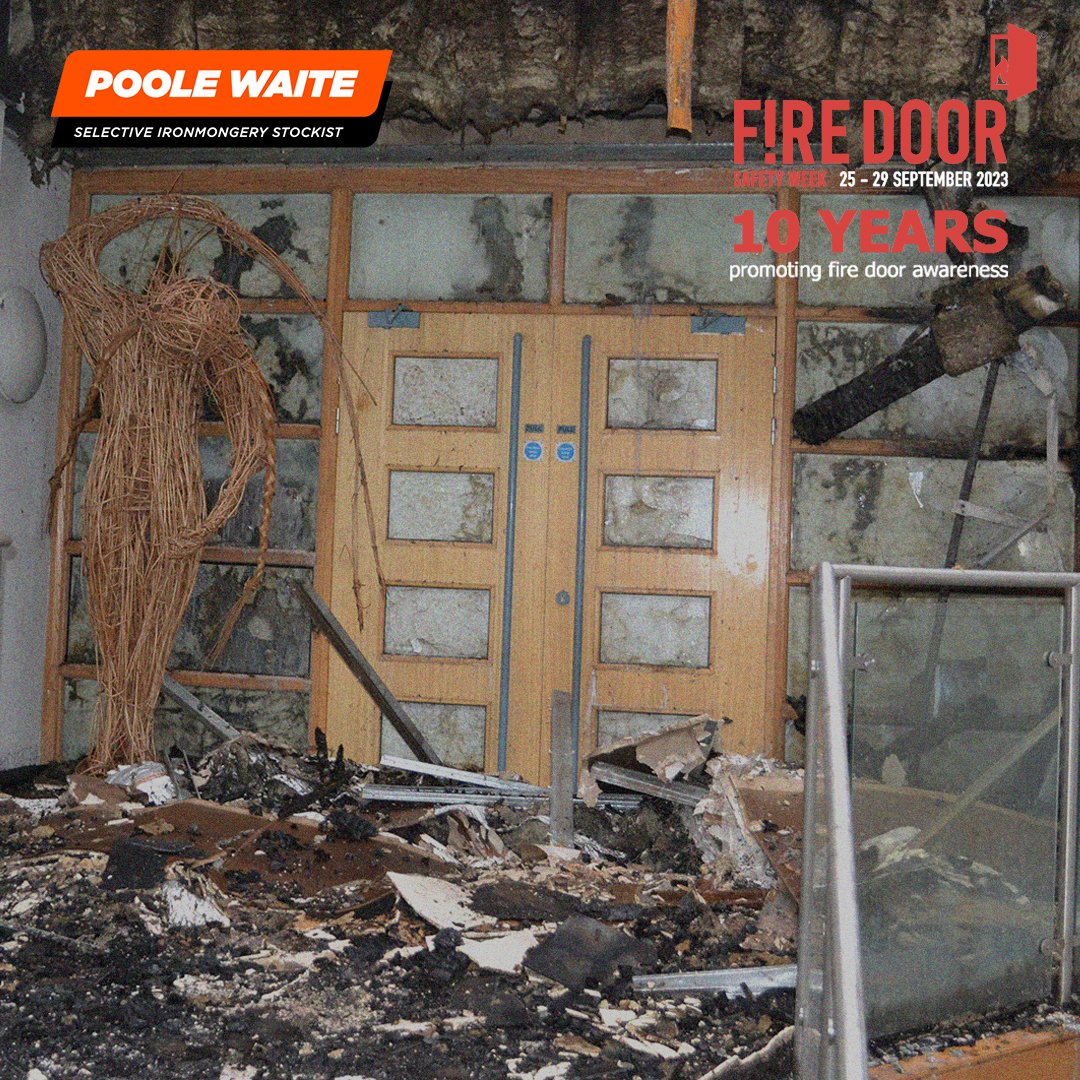PooleWaite's tweet photo. 🔥Myth: "It’s OK to prop a fire door open." 🙅‍♀️
🔥Fact: It's against the law to prop open a fire door 💪

These fire doors successfully stopped the spread of a fire at this school – but would it have been able to perform its job if it was propped open? #FDSW23 #MythVSFact https://t.co/IuF3lhXs9x