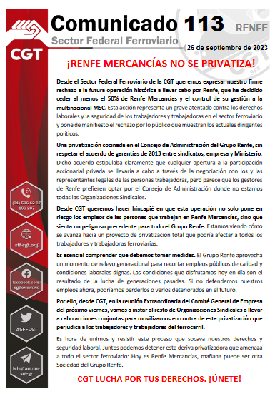 SFFCGT's tweet image. .@Renfe, lo tenemos clarísimo en el #SFF de la #CGT: #RenfeMercancías NO SE PRIVATIZA. 

🟥⬛️ Estáis jugando con el empleo de muchas personas y también con el futuro de este #ServicioPúblico. 

@mitmagob, @desdelamoncloa... sois cómplices. 

sff-cgt.org/comunicados/CO…