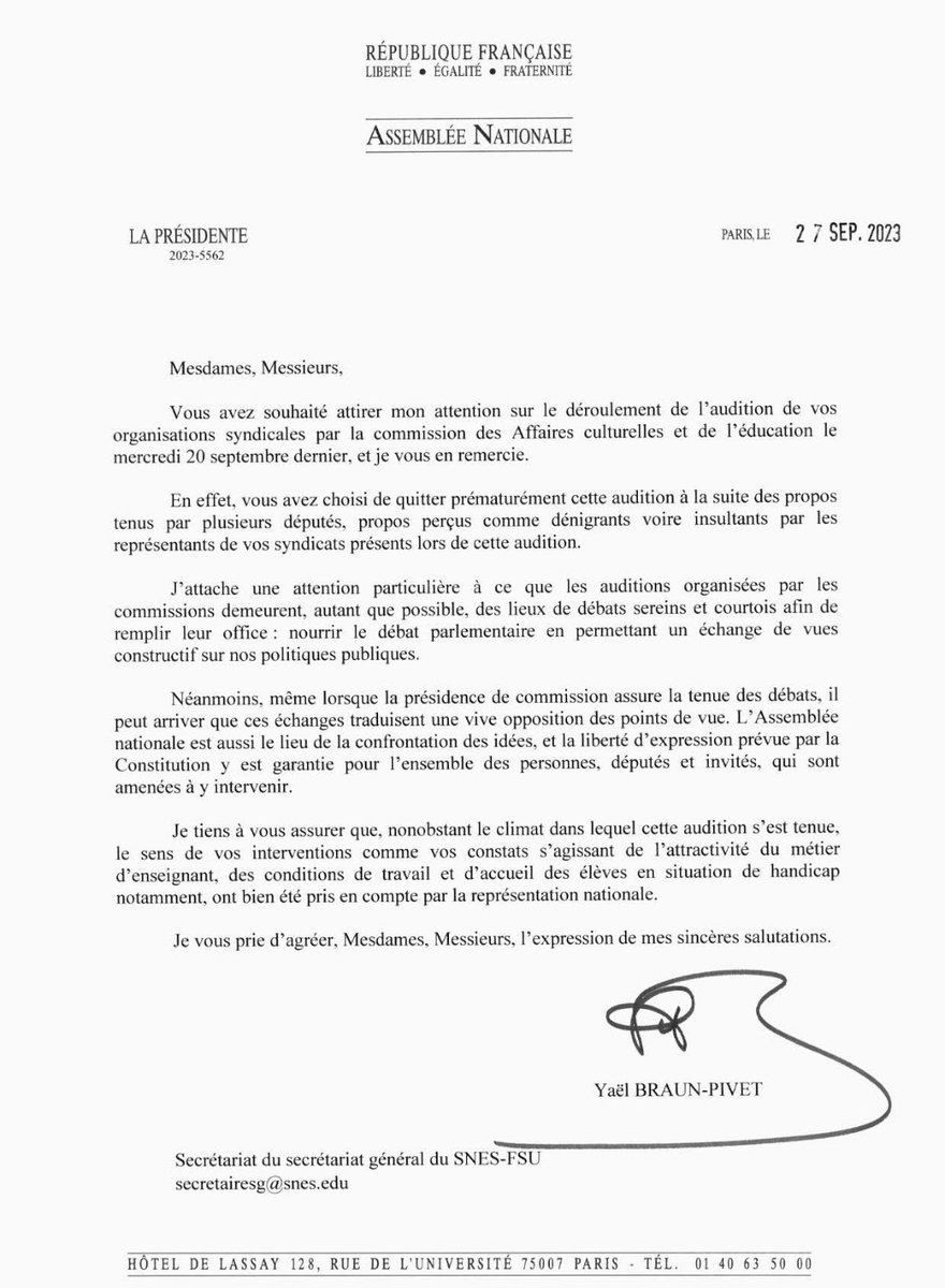 cgt_educ's tweet photo. Réponse scandaleuse et fin de non recevoir de @YaelBRAUNPIVET à notre courrier intersyndical. Elle préfère défendre la "liberté d'expression" des députés du RN face aux revendications des OS ! Non Madame, le mépris et l'insulte ne sont pas " une vive opposition de points de vue" https://t.co/LZK2Gd3KXx