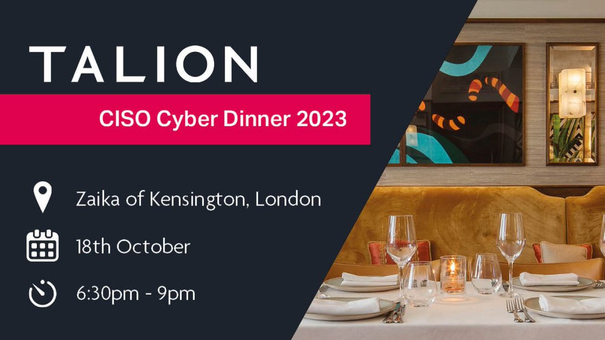 TalionCyber's tweet photo. 3 weeks until the Talion CISO Cyber Dinner!

Join us for an evening of Indian fine dining and cyber security discussion with our partners @devo_Inc and @SRMInform 

Check out the theme and agenda below 👇

#CyberSecurity #CISO #SecurityEvent

https://t.co/1RtKSKxj7H https://t.co/MY7N3CXDFU