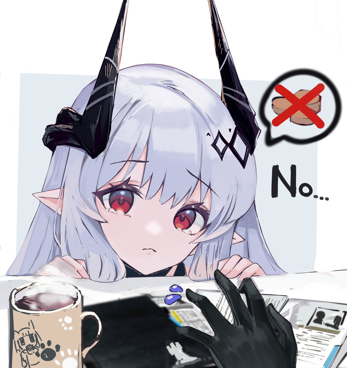 mudrock (arknights) 1girl pointy ears red eyes horns gloves mug black gloves  illustration images