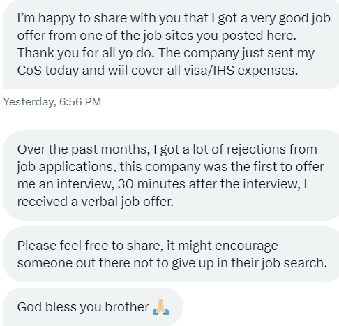 taadelodun's tweet photo. So happy this morning. One of our brothers here just landed a job with sponsorship through the jobs sites I once shared online. As you can see he had loads of rejections too but if we dont give up we will be rewarded.

Please let us keep taking feedback and keep knocking on doors. 

Keep your notification on!

I will be sharing the jobs as I see them❤️🙏