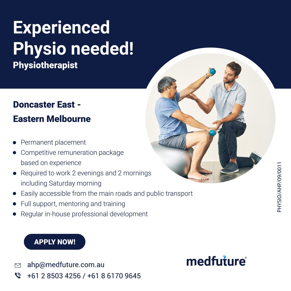 #Physiotherapist vacancies are available in #EasternMelbourne. Discover the latest medical and healthcare professional job vacancies found in Australia and New Zealand when you subscribe with Medfuture.

Search Link - medfuture.com.au/job/permanent

#PhysioJobs #EasternMelbourneJobs