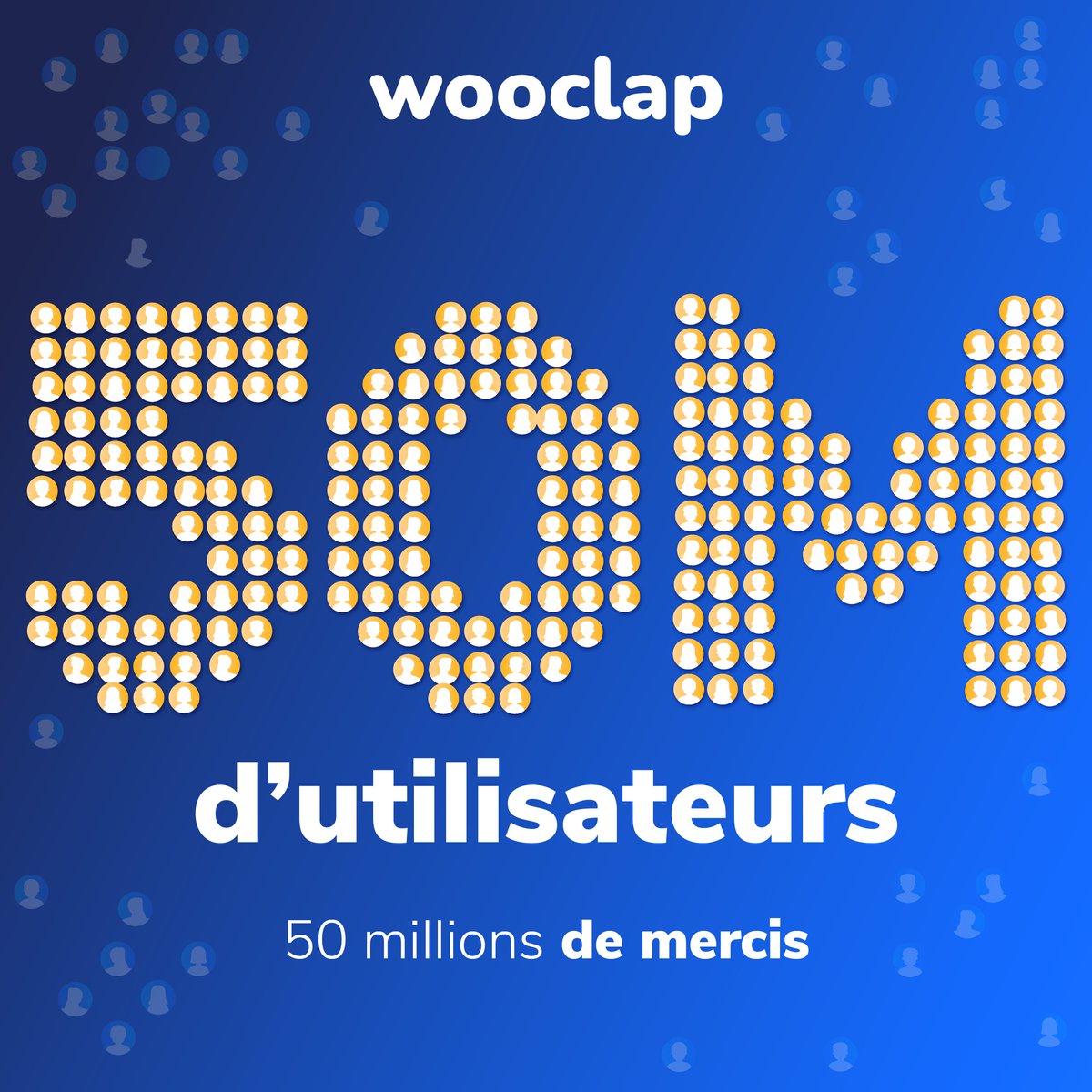 🎉 Wooclap vient de franchir le cap des 50 millions d’utilisateurs à travers le monde ! 🎉

50M d'expériences d'apprentissage plus interactives, plus efficaces et plus inclusives.

💙 50M de mercis à nos merveilleux utilisateurs !
