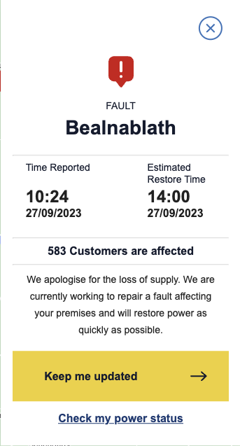 ⚡️ Power Outage in Bealnablath, affecting 583 customers. Estimated restore time of 14:00.

#StormAgnes