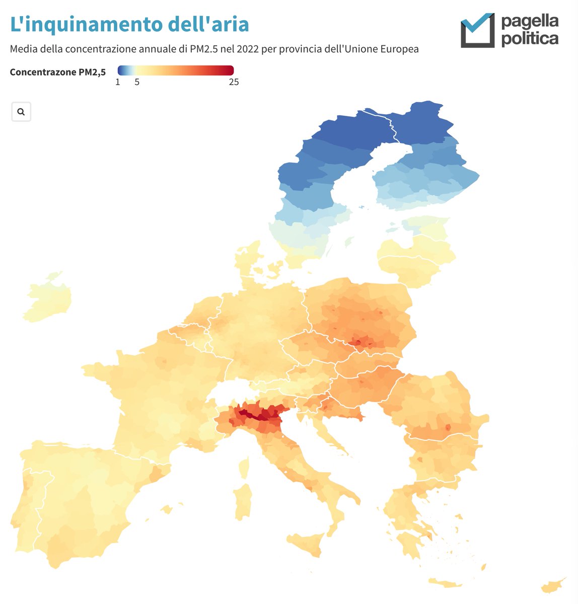 PagellaPolitica's tweet photo. La Pianura Padana è l’area più inquinata dell’Unione europea. In Europa le cinque aree più inquinate a livello provinciale sono tutte in Italia. https://t.co/uI97QORej1