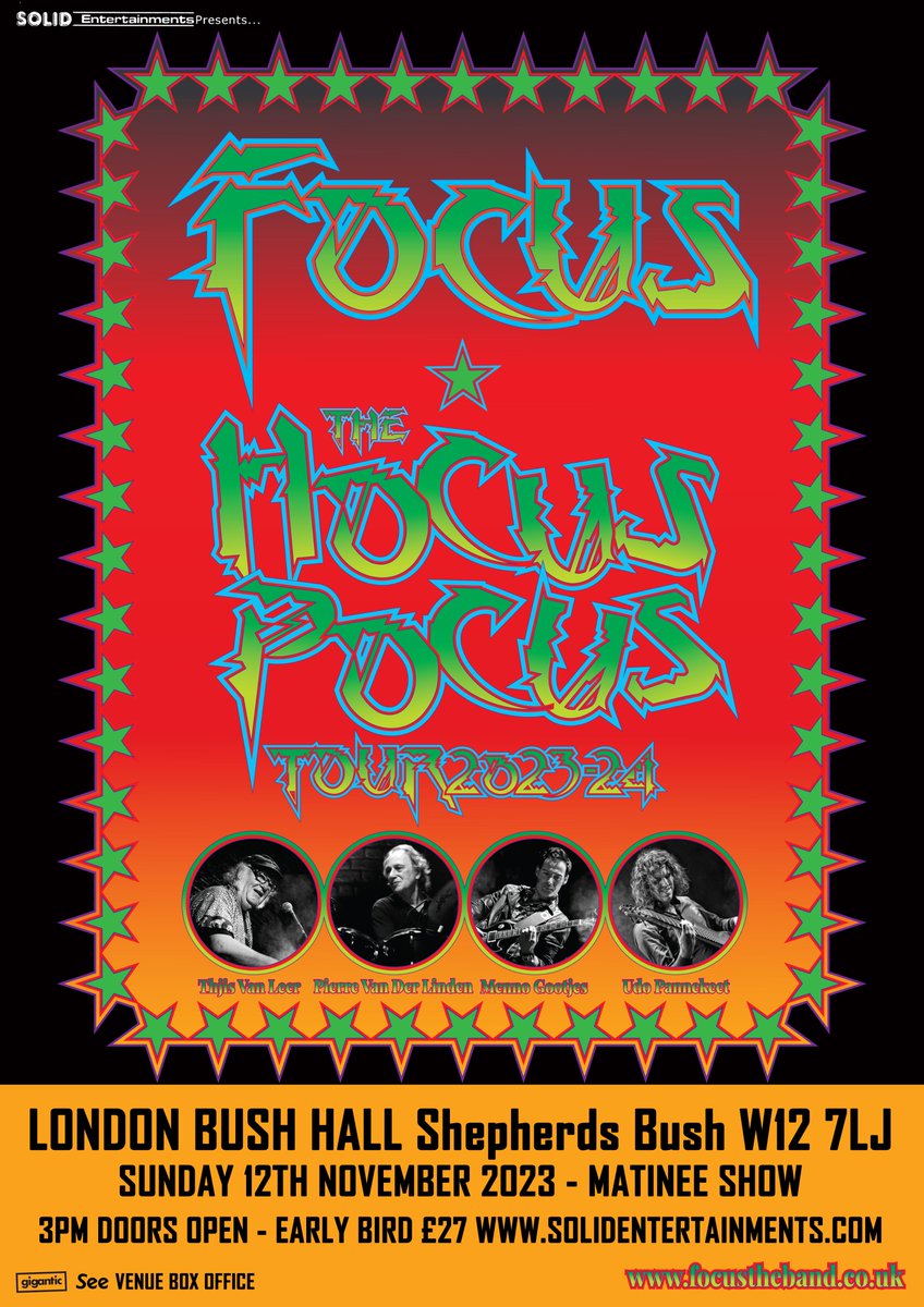 We are pleased to announce PROG ROCK legends FOCUS will be playing a special MATINEE show at LONDON's fabulous Bush Hall on SUNDAY 12th NOVEMBER 2023.. Doors open 3pm with Guest act Acoustic set from STRAY's Del Bromham.. Tickets now on sale at solidentertainments.com/presents.htm#F…