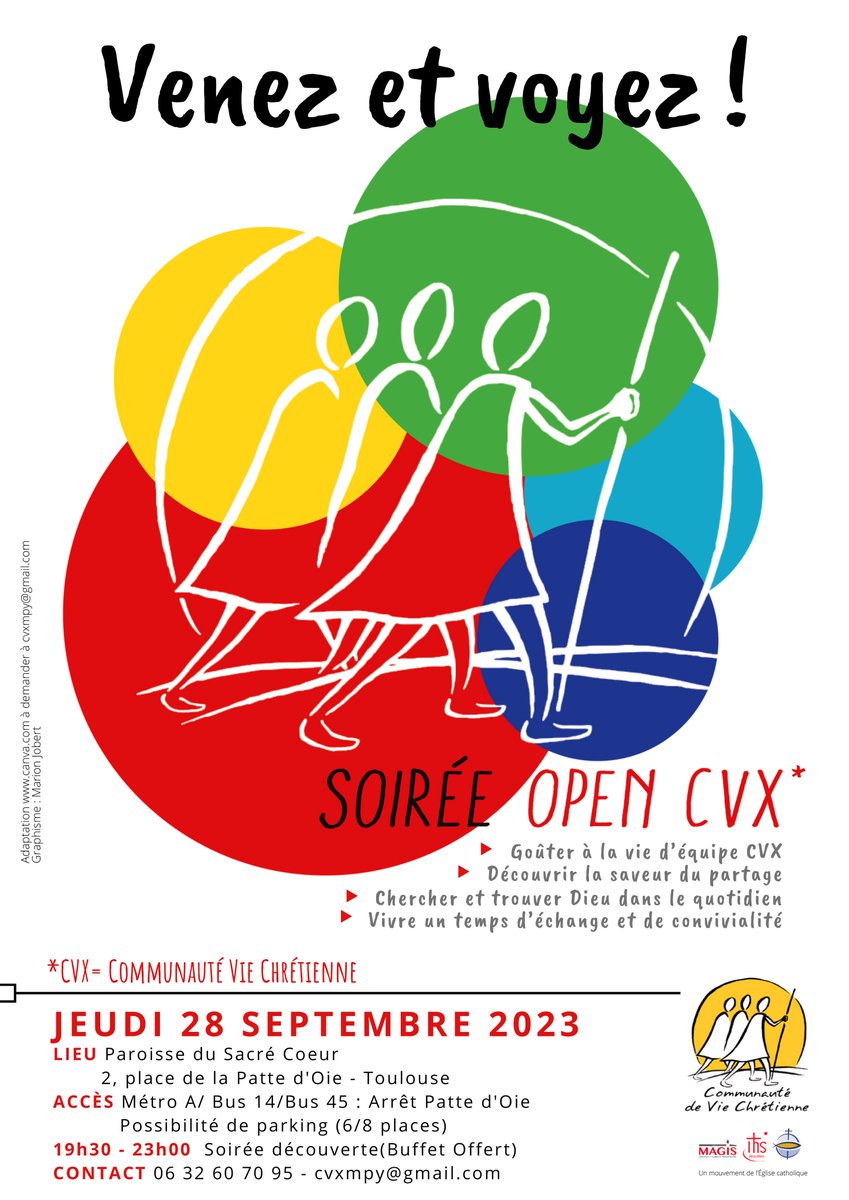 📅 Une soirée Open CVX 25-25 ans a lieu demain à #Toulouse à la Paroisse du Sacré Cœur, de 19h30 à 23h00.
🤗Pour  goûter à la vie d’équipe #CVX, découvrir la saveur du partage, chercher  et trouver Dieu dans le quotidien et vivre un temps d’échange et de  convivialité #ignace