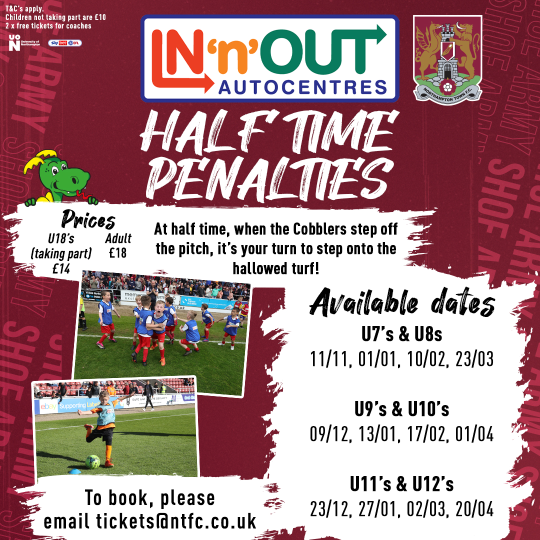 ⚽️Know a team, group or school who want to take penalties on the pitch at Sixfields at half time? Then enter the <a href="/IN_n_OUTcentres/">IN'n'OUT Autocentres</a> Cup! Here are the available dates!
#ShoeArmy 👞