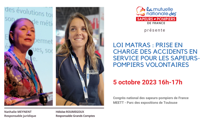 🗓️RDV à la conférence de la <a href="/MNSPF/">MNSPF</a> lors du <a href="/cnspf2023/">Congrès national des pompiers de France 2023</a> , à Toulouse, le jeudi 5 octobre à 16h.
"Loi Matras : prise en charge des accidents en service pour les sapeurs-pompiers volontaires"🚒. Animée par
<a href="/HELOISE_R_MNSPF/">ROUMEGOUX Heloïse</a> et Nathalie Meynent.
#mutuelle #pompiers #spv #protection