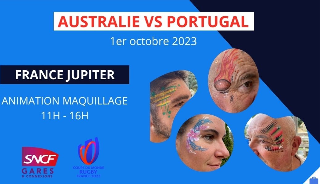 La gare de Saint-Etienne châteaucreux et <a href="/ConnectGares/">SNCF Gares & Connexions</a> vous propose une très belle animation maquillage 🖌 🤩 🏉 ce dimanche 1er octobre avant le match Australie 🇦🇺 Portugal 🇵🇹 
<a href="/AzemardSandrine/">Sandrine AZEMARD</a> <a href="/johan_sncf/">Johan Muller</a> <a href="/GregoireSncf/">gregoire_sncf</a> #RWC2023