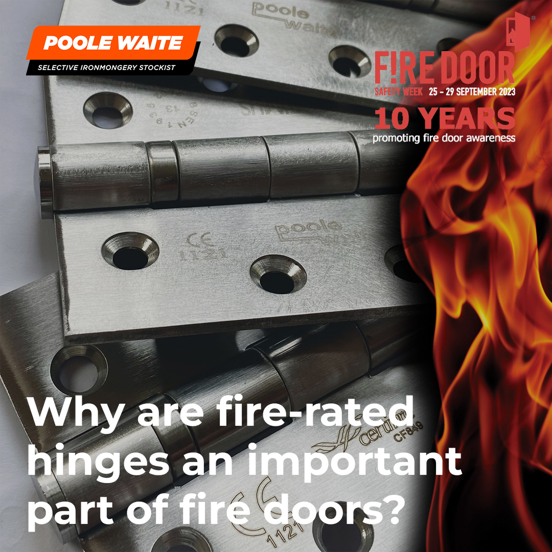 PooleWaite's tweet photo. Did you know? 🔥 On fire doors, fire-rated door hinges must be used because regular door hinges will warp, break or melt in the heat caused by a fire. This means the fire door will not be held in place within the frame, allowing the spread of fire and smoke. #FDSW23 @FDSafetyWeek https://t.co/LAaS6OdX1i