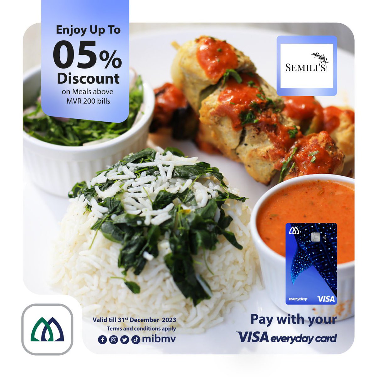 mibmv's tweet photo. Enjoy upto 5% discount on meals above MVR 200 from Semili’s. 

#kandaalaa https://t.co/BYXvVLyaa4