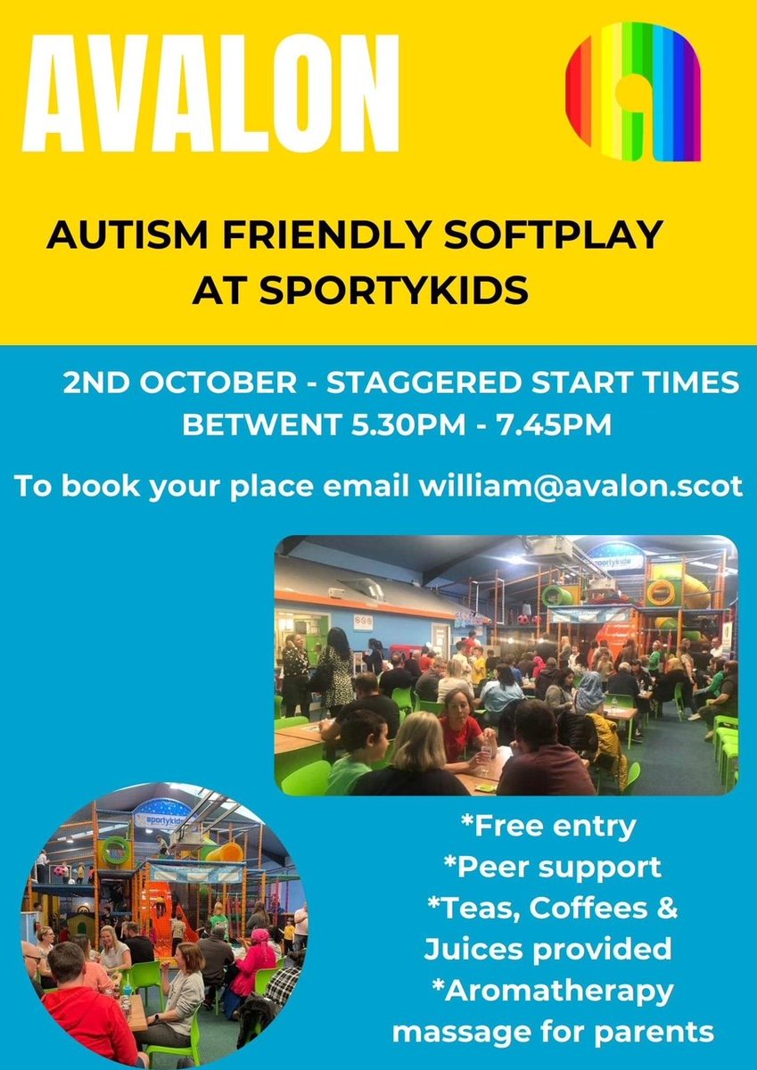 ERCCentre's tweet photo. 📣 Avalon Autism Parental Support  are hosting another family connection event! 📣

🗓️ Monday 2nd October 
📍SportyKids 72 Spiersbridge Rd, Thornliebank, Glasgow G46 7SN
⏰Staggered start from 5.30pm - 7.45pm 

If you would like to attend contact william@avalon.scot 🌟 https://t.co/agIHL7cUKP