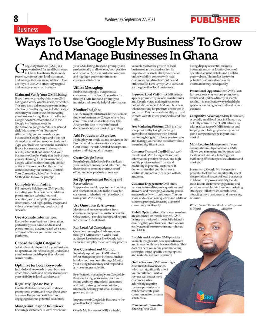 samboad_'s tweet photo. We are on the 8th Page of “ The New Publisher “ Newspaper. 

I wrote on the Topic “Ways to use “Google My Business” to Grow And Manage Businesses In Ghana”

Buy one today and read wide on this topic and if possible give me feedback soon 

#samboad
#thenewpublisher
#TV3NewDay https://t.co/79U737E9a8