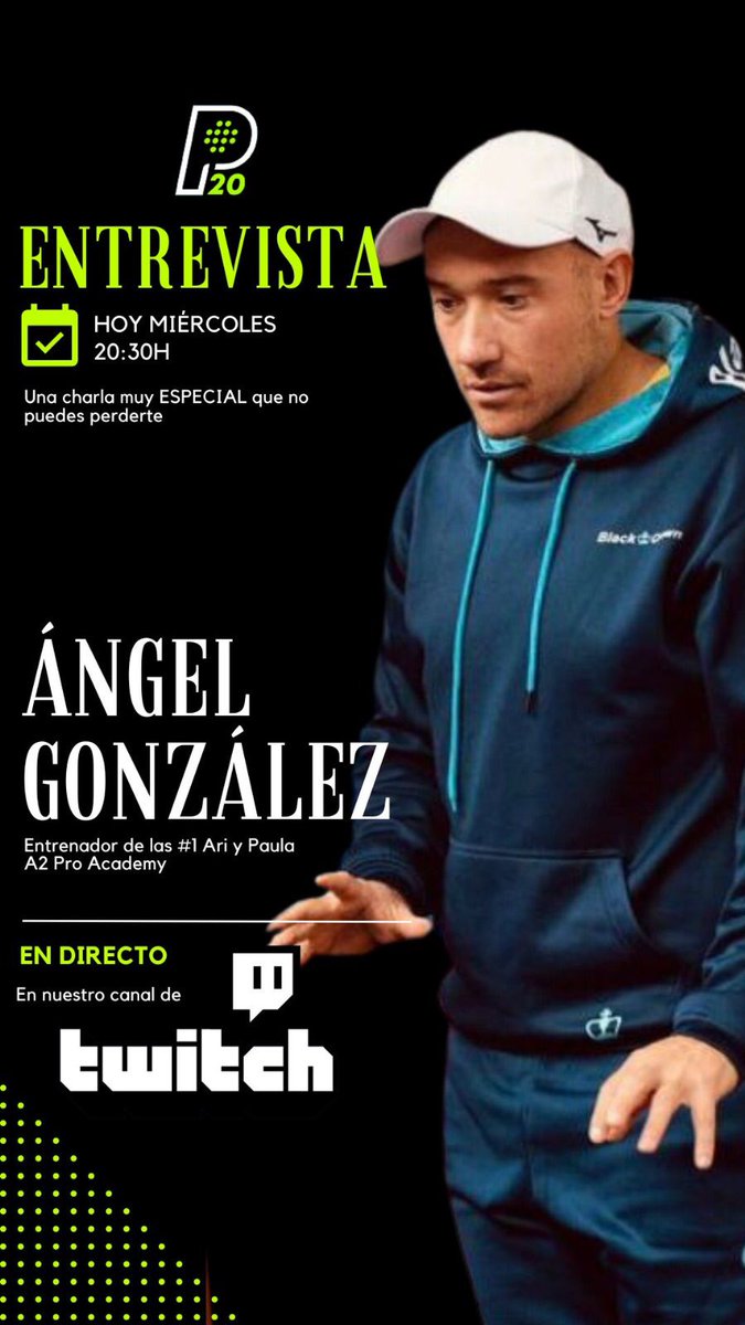 padel20's tweet photo. 🚨 ENTREVISTA

Esta tarde a partir de las 20:30h en nuestro canal de @TwitchES tendremos al coach profesional @AngelGlezM 

Se viene sorpresa que no te esperas !!! 

No te la pierdas 👇👇

🔗 https://t.co/93ZJ2ZYEDZ

#Pádel #Padel20 #Entrevista #Angelote https://t.co/DB7h6mf1c4