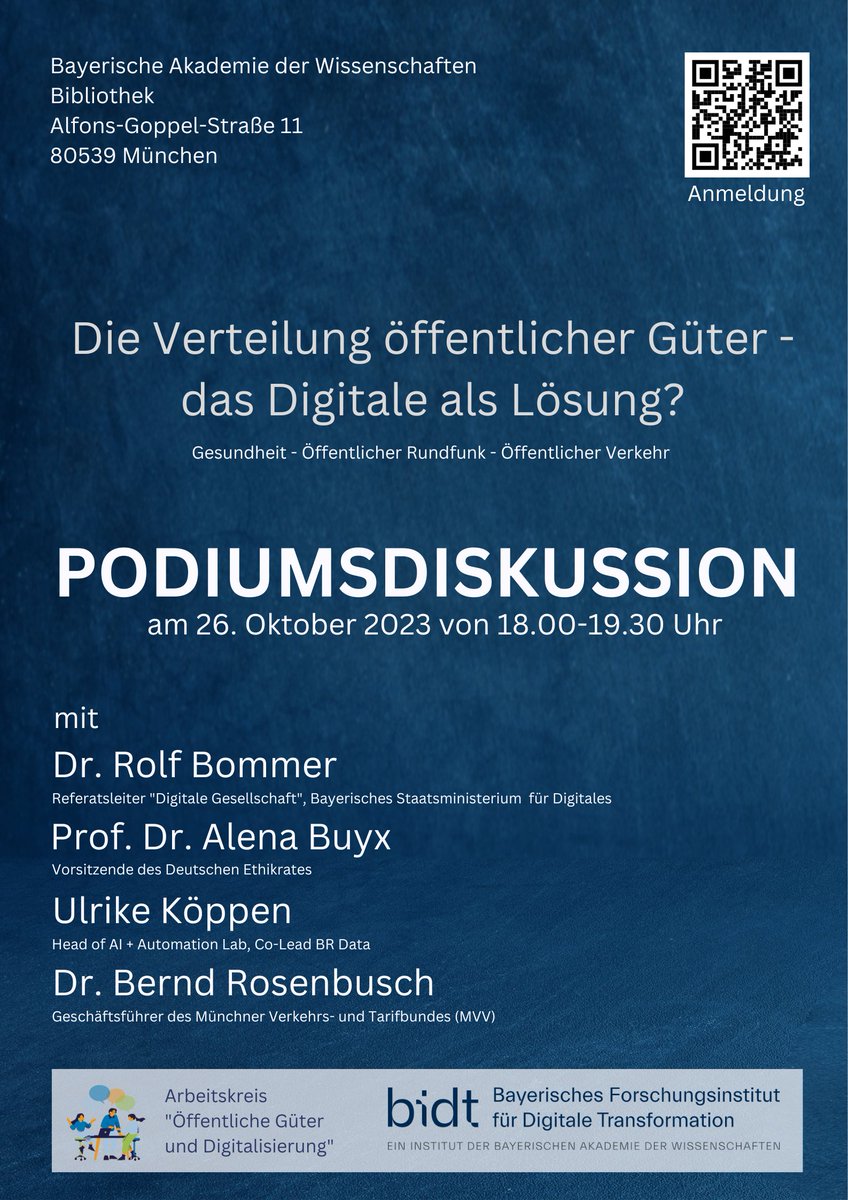 Eva Maria Hille (@evamariahille) on Twitter photo Herzliche Einladung zu unserer @BIDT_Muenchen
-Podiumsdiskussion „Die Verteilung öffentlicher Güter – das Digital als Lösung?“ am 26. Oktober von 18.00-19.30 Uhr @badw_muenchen - mit wunderbaren Panelists: <a href="/alena_buyx/">Alena Buyx</a> <a href="/RolfBommer/">Rolf Bommer</a> <a href="/zehnzehen/">uli koeppen</a> & Bernd Rosenbusch. Kommt vorbei! Herzliche Einladung zu unserer @BIDT_Muenchen
-Podiumsdiskussion „Die Verteilung öffentlicher Güter – das Digital als Lösung?“ am 26. Oktober von 18.00-19.30 Uhr @badw_muenchen - mit wunderbaren Panelists: <a href="/alena_buyx/">Alena Buyx</a> <a href="/RolfBommer/">Rolf Bommer</a> <a href="/zehnzehen/">uli koeppen</a> & Bernd Rosenbusch. Kommt vorbei!