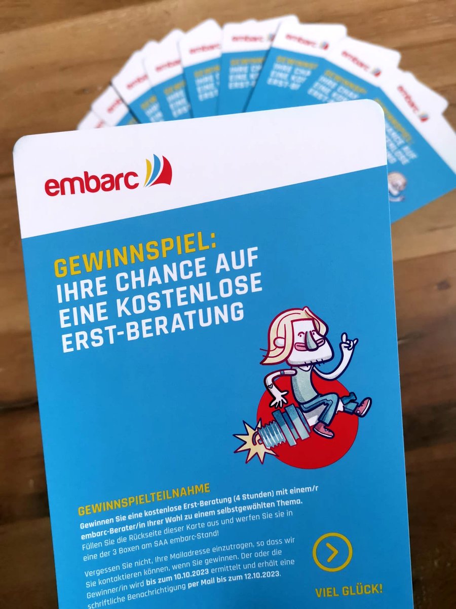 embarced's tweet photo. 🎉 Gewinnspielzeit! 🎁 Ihr seid in #München auf der @SAA_conf? Macht mit und sichert Euch die Chance auf eine kostenfreie Erstberatung! Wie? Schnappt Euch eine #Gewinnspielkarte am embarc-Stand und los gehts! Abgabeschluss ist morgen 16 Uhr. good luck!🍀👉https://t.co/H8hAfiXtXW https://t.co/HO71A3faq7