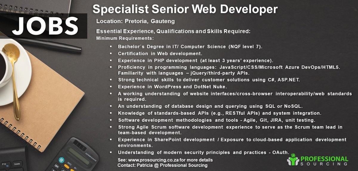 ProSourcingZA's tweet image. prosourcing.co.za/jobs/specialis…
Specialist Senior Web Developer
The purpose of the Specialist Senior Website Developer is to provide business and system analysis and programming expertise
#SeniorWebDeveloper #JobSeekersSA #recruitment #softwaredevelopment #prosourcing