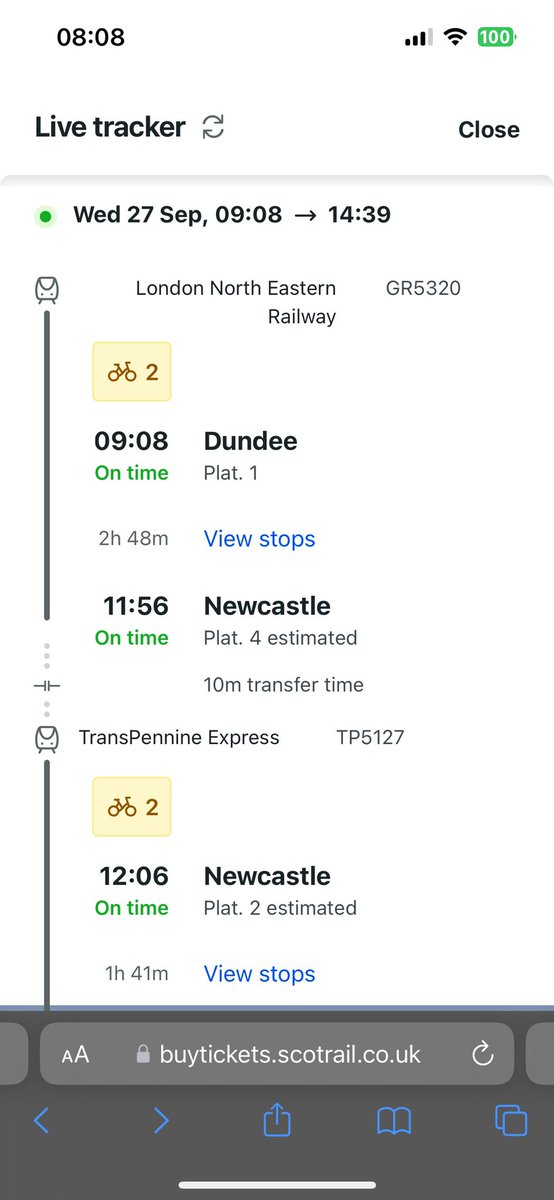 conorsim777's tweet photo. @ScotRail I am following this recommended journey from your website as my 8.40 train was cancelled. However, LNER are asking me to pay for a ticket for this Dundee to Newcastle train. https://t.co/lddIGaNaNO