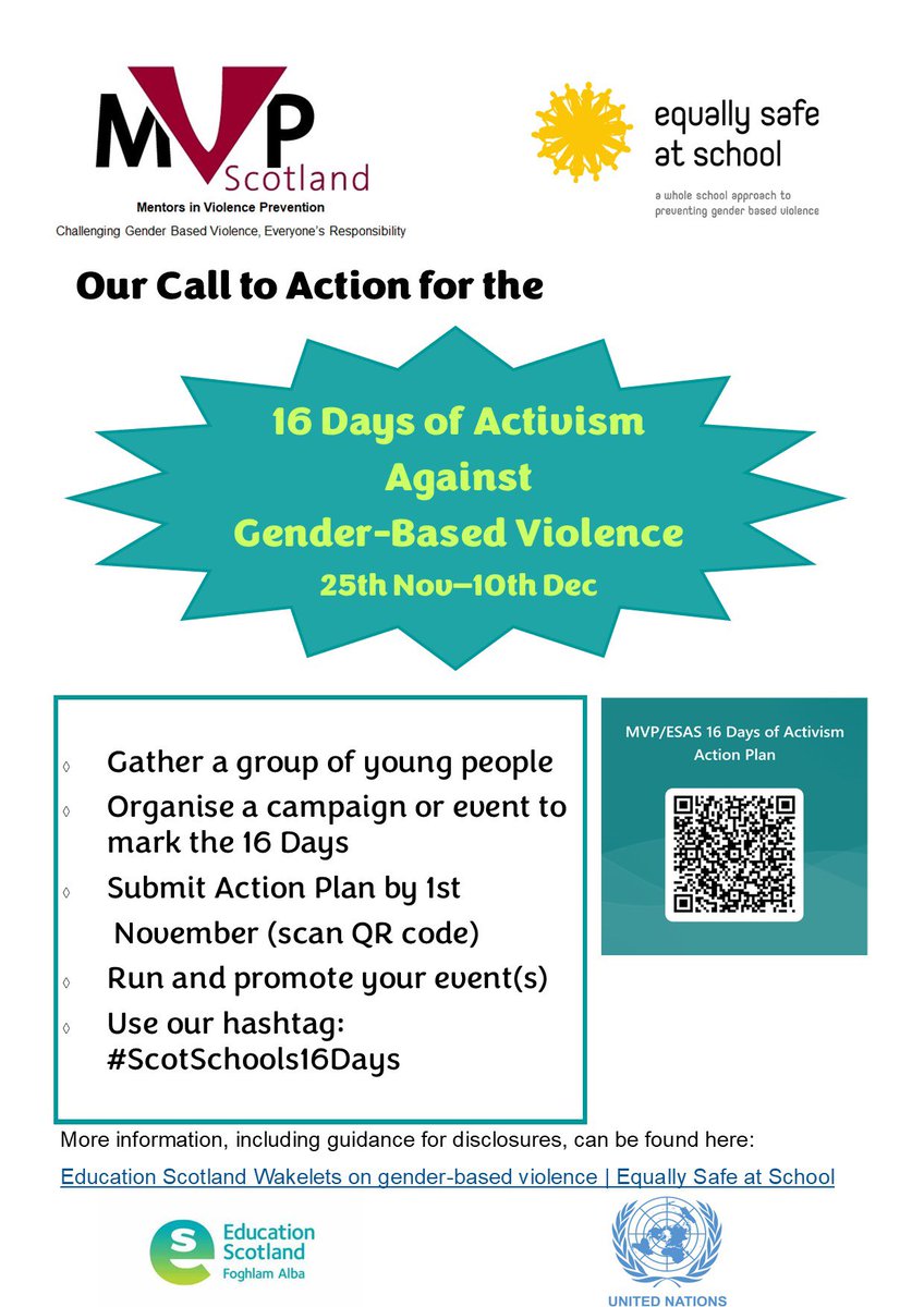 🔈Calling all secondary schools in Scotland!

In partnership with Equally Safe at School @rapecrisisscot we launch our 16 Days of Activism Against Gender-Based Violence - we’d ❤️ you to take part!

All info in Flyer👇🏼

#ScotSchools16Days 

Action Plan: forms.office.com/e/cGuN3XnYka