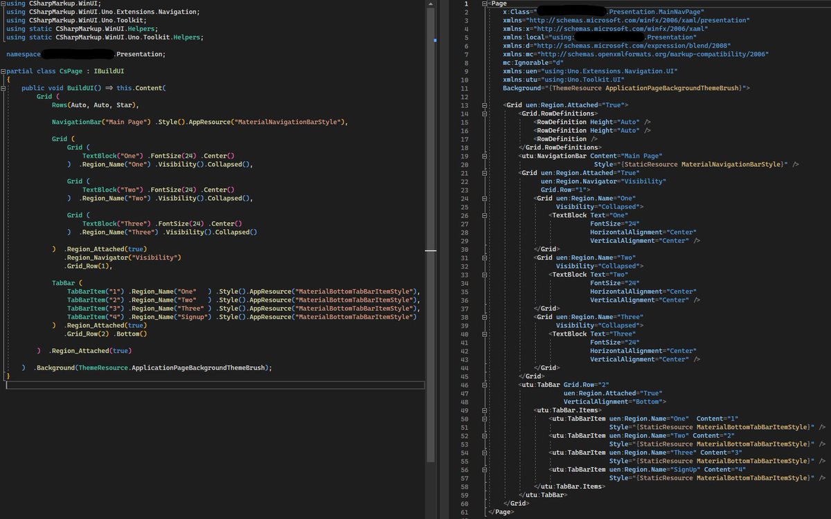 vincenth_net's tweet image. C# Markup 2 support for Uno.Toolkit, Uno.Extensions.Navigation and Uno.Extensions.Navigation.Toolkit is coming🙂
Check out this tabbed navigation page in C# Markup 2 side by side with XAML👀
(Notice the new AppResource & ThemeResource)
#CSharpForMarkup @UnoPlatform @WindowsUI